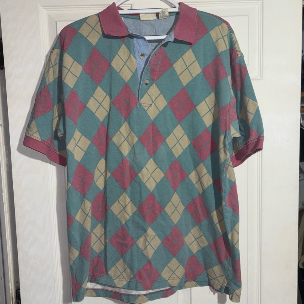 Men's Vintage Cotton Traders Argyle Polo Shirt - Red, Green, and Cream